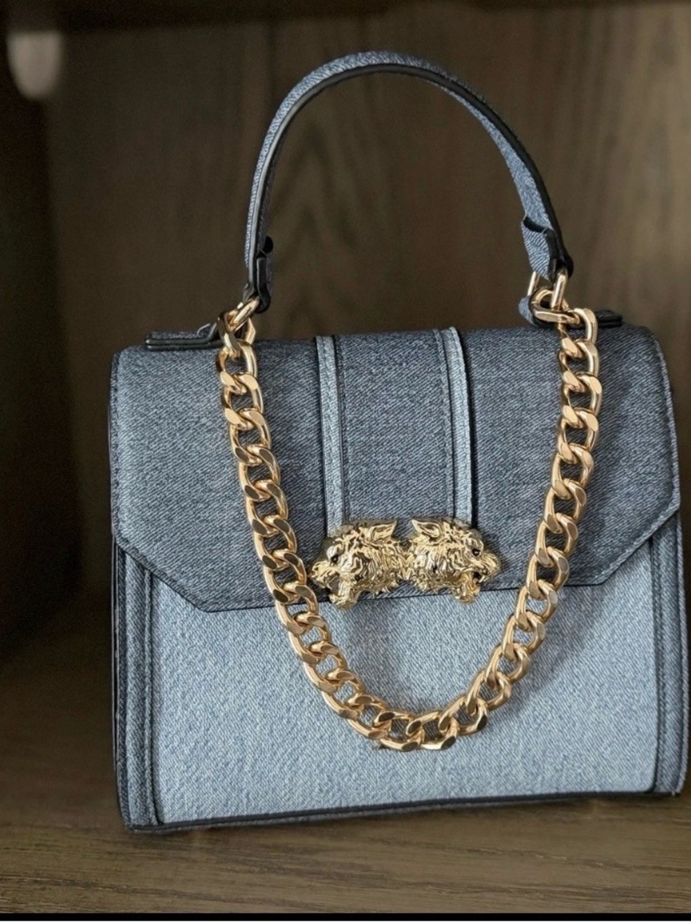 Aldo Blue Denim Structured Top-Handle Satchel with Gold Chain